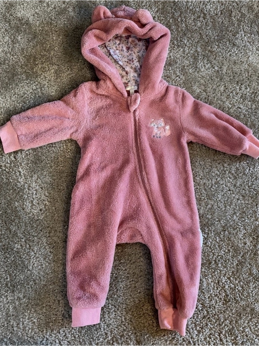 Plush Pink Hooded Baby One-Piece with Animal Appliqué